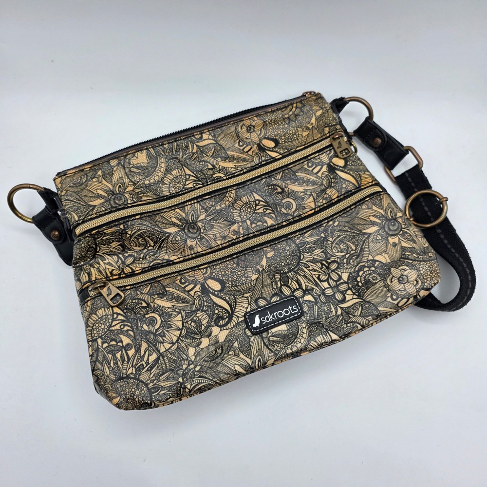 Sakroots Artist Circle Crossbody Bag Black Tan Floral Mandala Coated Canvas